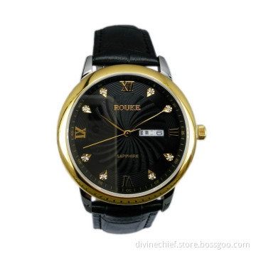 3 ATM Water Resisant Customize Genuine Leather Strap Date/Day Wrist Watches For Men